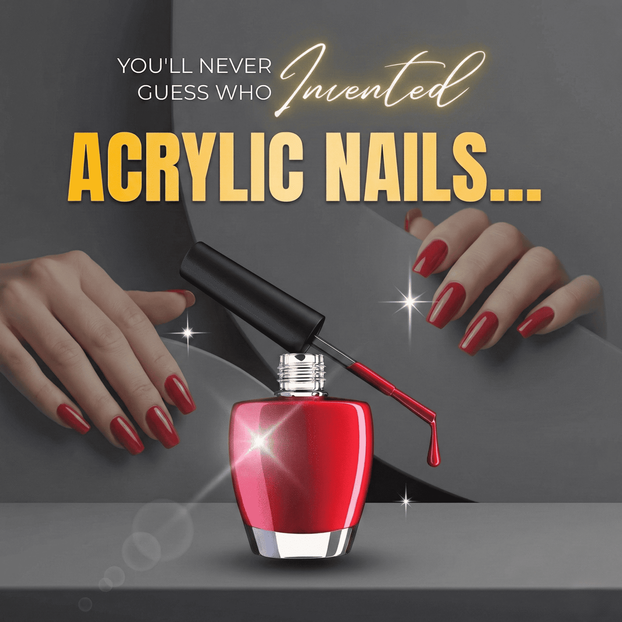 A bottle of red nail polish with a brush and hands with long red painted nails.